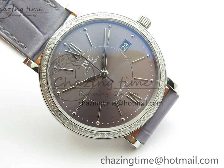 MIROTIME 0227 Attractive Portofino 37mm SS V7F 1:1 Best Edition Gray Dial Diamonds Bezel on Gray Leather Strap A 7091